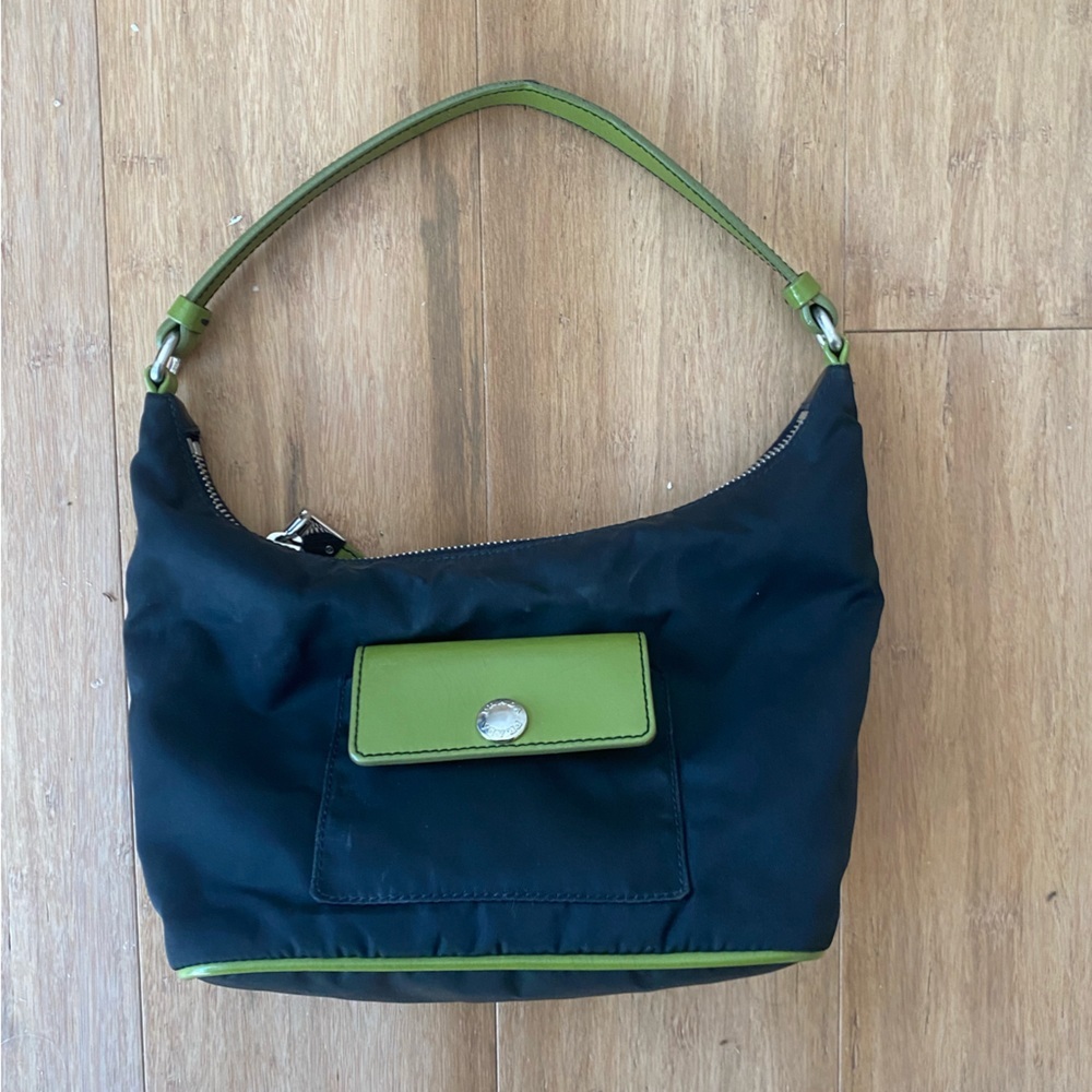 Prada Black Tessuto Sirio Nylon Bag With Green Accent Front Pocket